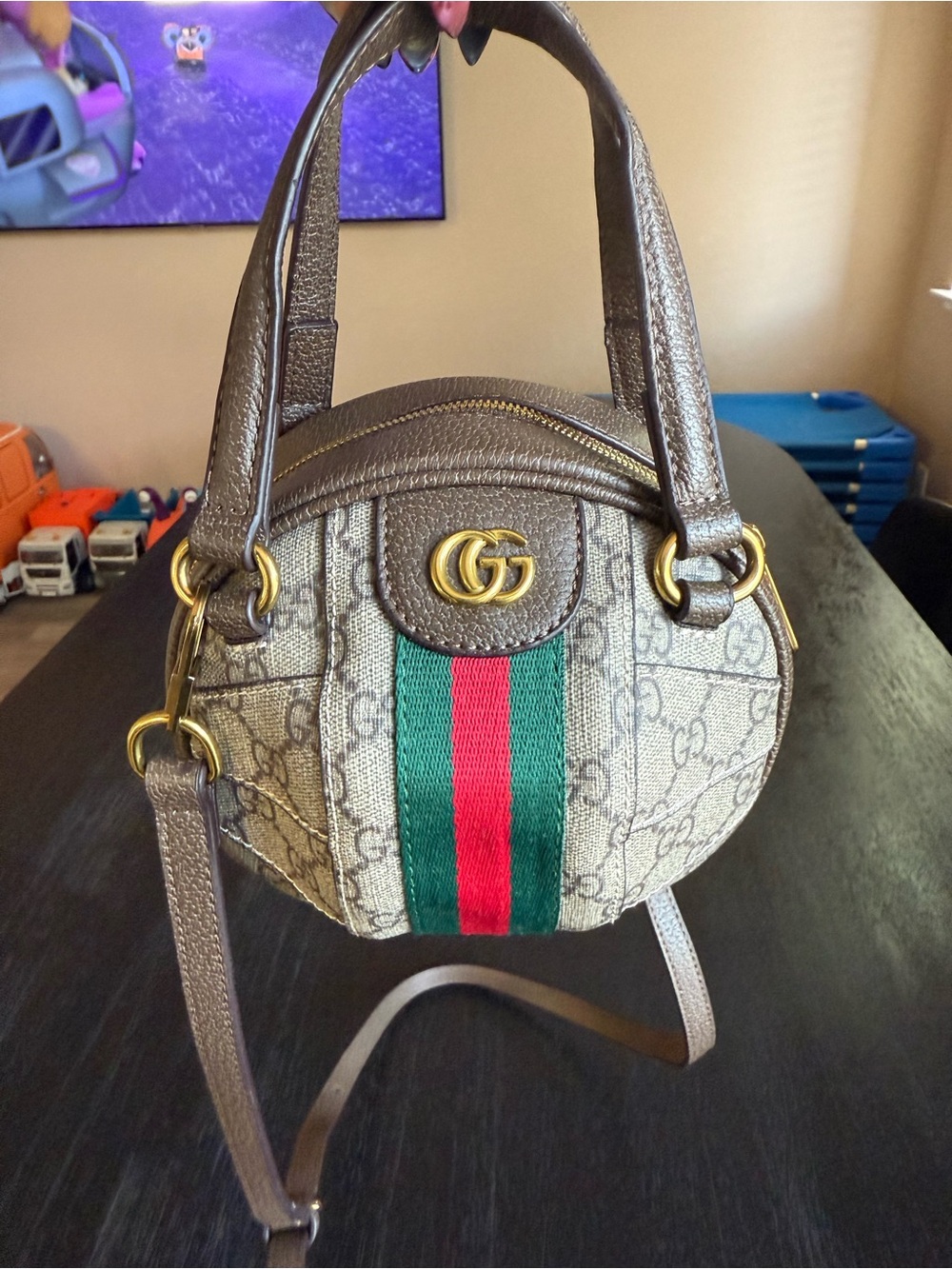Gucci Beige GG Supreme Mini Round Shoulder Bag with Green/Red Web